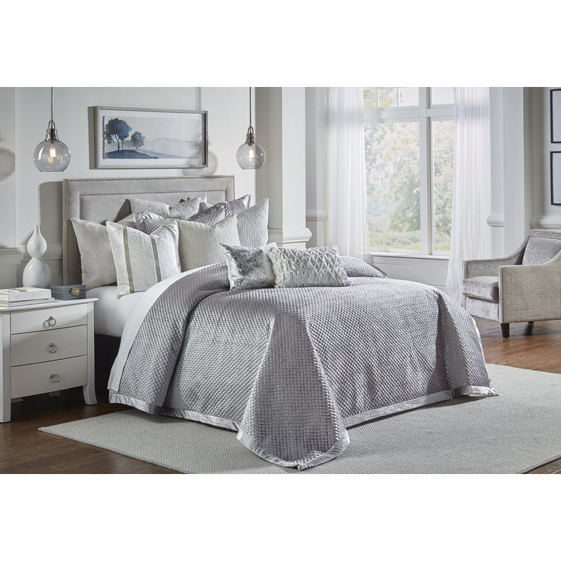 Ensemble de courtepointe en velours Suniga, gris, Courtepointe grand + 2 oreillers décoratifs