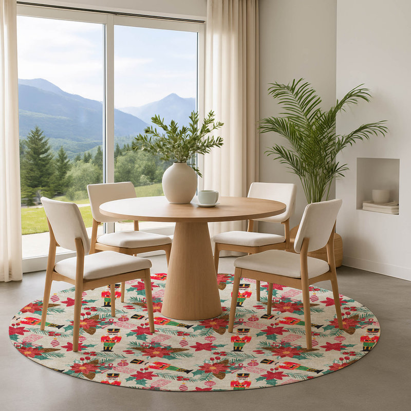 Premium Machine Washable Dockside AMF1822 Nutcracker and Poinsettia Rug, Round 8'