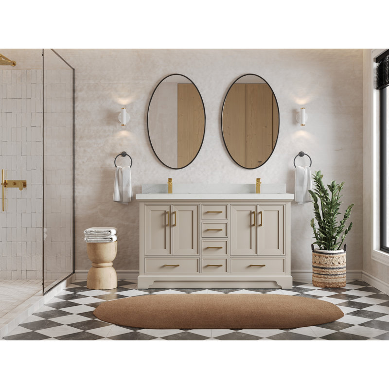 Meuble-lavabo double 60 po avec plateau Charlotte, Quartz de Carrare