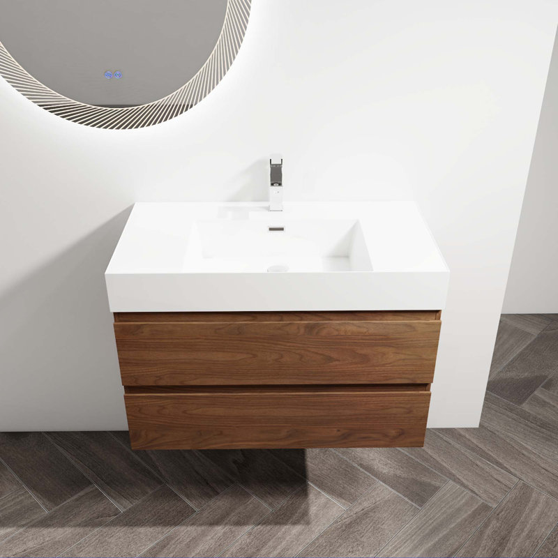 Meuble-lavabo mural avec lavabo en céramique, 2 tiroirs à fermeture en douceur, Chêne brun