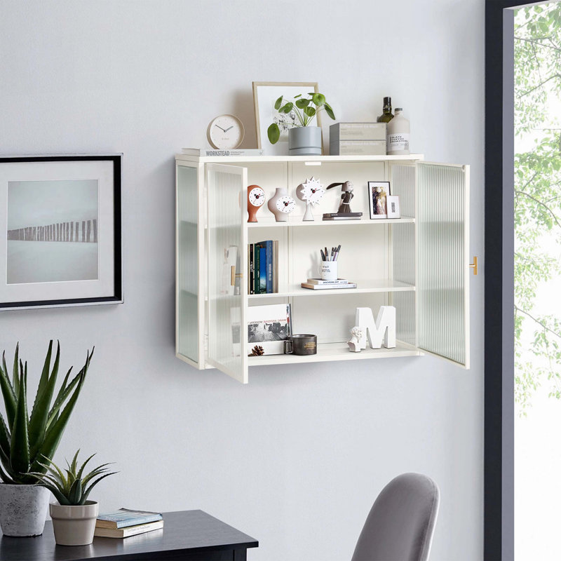 27.56"Glass Doors Modern Two-Door Wall Cabinet With Featuring Three-Tier Storage, White