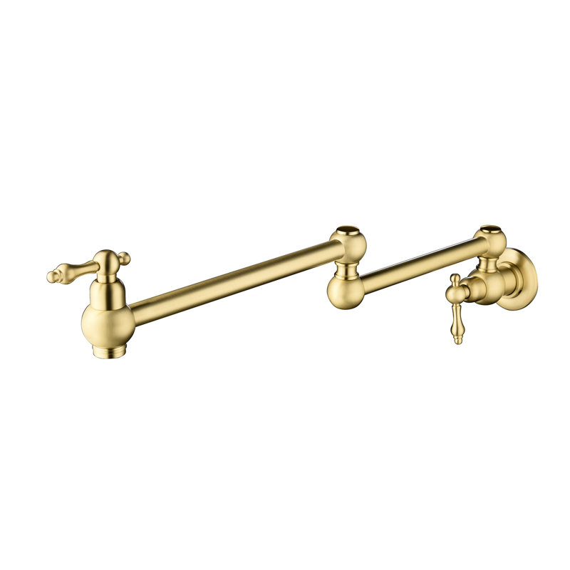 Gold Brass Pot Filler Faucet Wall Mount With Arm Advantageous Function, Double Handles For Fine Water Flow Control, Corrosion Surface Protection System, Serene And Aerator Design, Optimal Regulation,