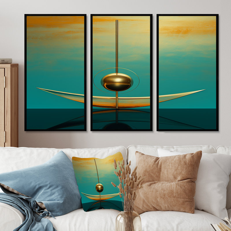 Minimal Zen Gold Sphere - Ensemble de décoration murale pierre spirituelle, Cadre flottant noir, H 40 po x l 60 po x P 1 po
