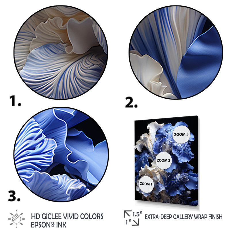 Blanc et bleu iris Elegance II - iris, art mural, Cadre flottant brun, H 44 po x l 34 po x P 1,5 po