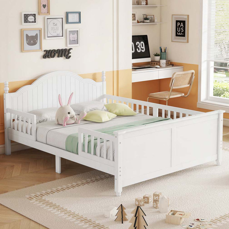 Lit plateforme simple en bois avec tête et pied de lit, Blanc, Double