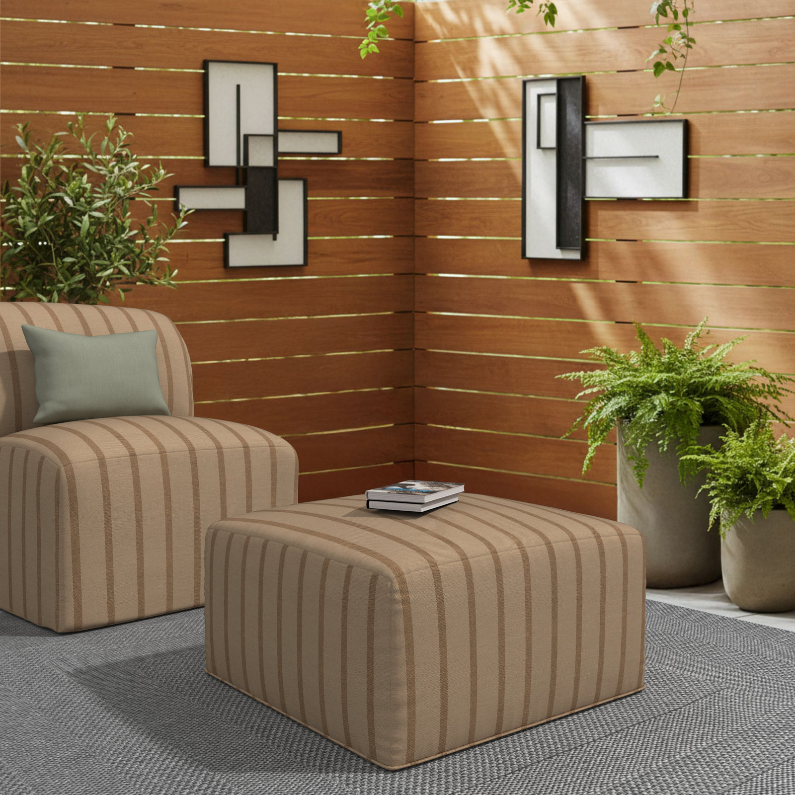 Praia Sunbrella® Outdoor Ottoman, 16" H x 29" W x 29" D, Unwind Driftwood Striped Sunbrella®