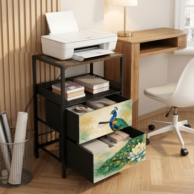 Table de chevet 2 tiroirs avec station de charge, table de chevet de chambre à coucher avec ports USB et prises USB, tablette de chevet avec plumes de paon éclatantes