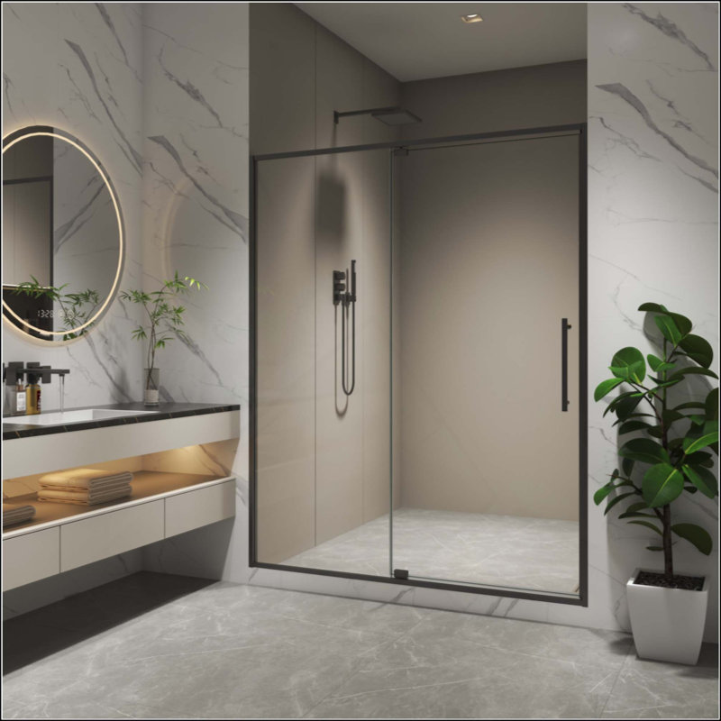 Porte de douche pivotante, ouverte à l'extérieur, arrêt à 105 degrés, avec verre trempé, Noir mat