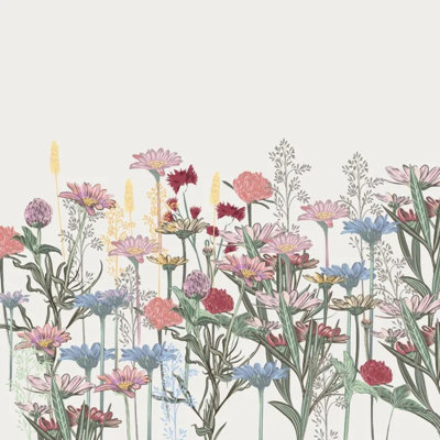 White Vintage Wildflower Meadow Wallpaper, Soft Cottagecore Botanical Wall Decor