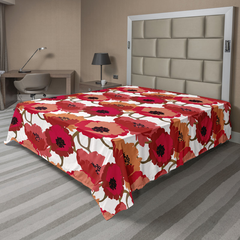 Ambesonne Flowers Flat Sheet Nostalgia Farmhouse, Dark Coral Dark Peach