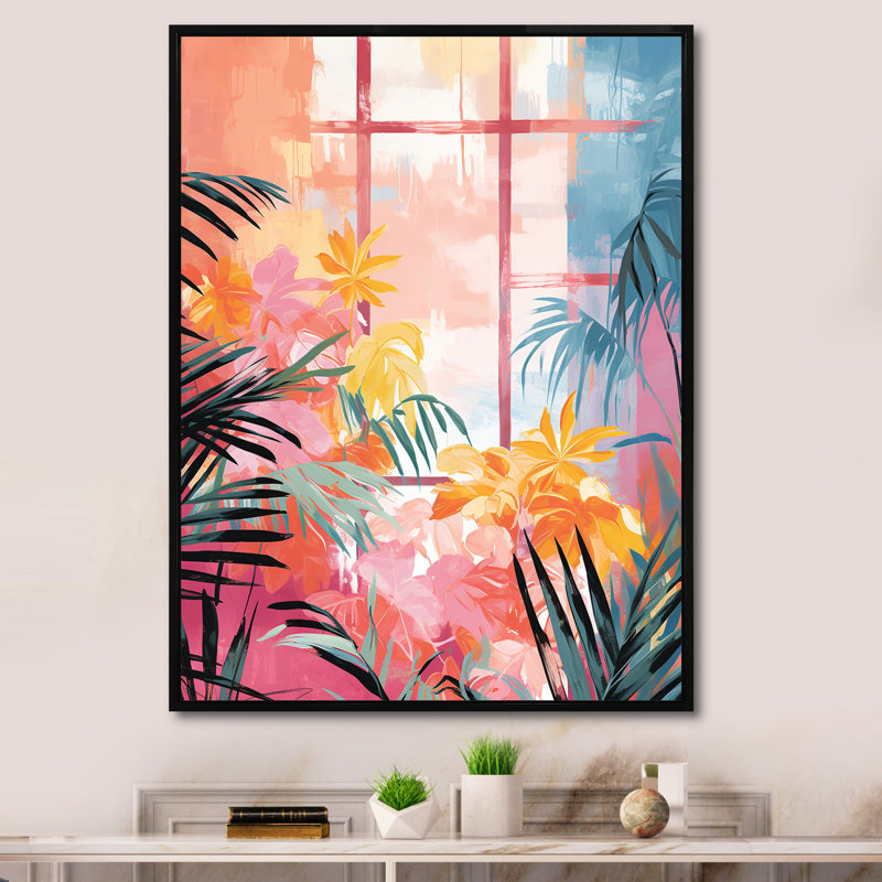 «Pastal Color Tropical Windows View 1 - Abstract», art mural floral, H 40 po x l 30 po x P 1,5 po, Cadre flottant noir