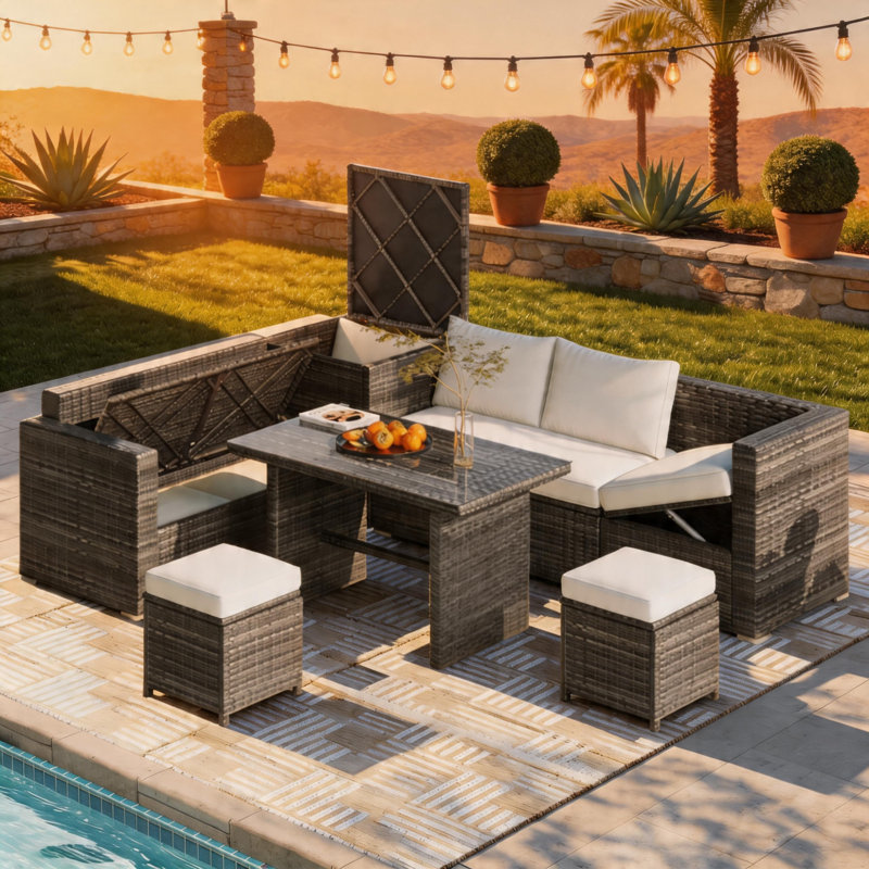 7 - Person Outdoor Conversation Set with Adjustable Reclining Sofa, Storage Boxes – Wicker Sectional Patio Furniture Set for Backyard, Poolside, Porch
