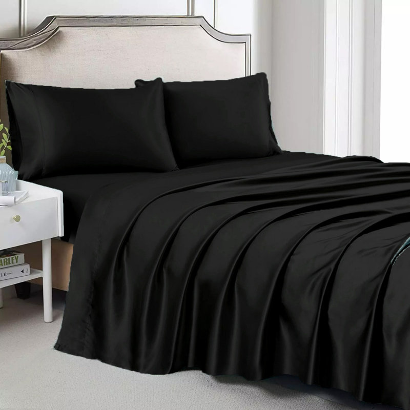  Ensemble de draps en satin de luxe et soyeux 4 pièces Rose Collection - 6 couleurs, Très grand, Noir