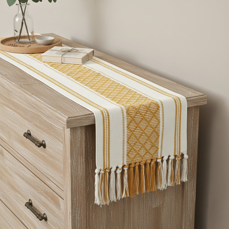 Boho Cotton Woven Table Runner With Tassels, Mustard Yellow/Cream, 90" x 14"