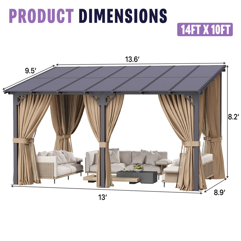 Pergola d'extérieur 14 pi x 10 pi avec rideaux en polycarbonate mural toutes saisons, 14 Ft. W x 10 Ft. D