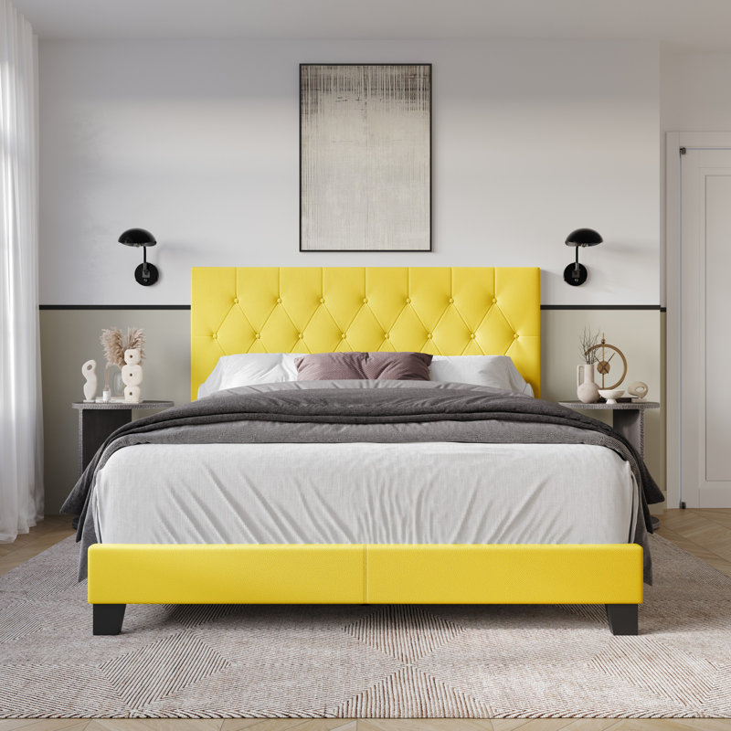 Omaha Tufted Upholstered Panel Bed, Yellow, Queen