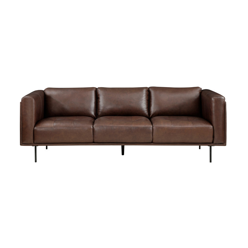Modern Genuine Leather Sofa, 3-Seat Brown Couch with Solid Wood Frame and Pocket Coil Seating for Living Room