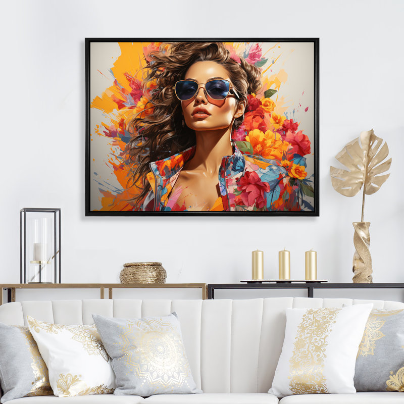 Tropica, lunettes de soleil, mode Mid-Century, portrait - Illustration de mode, art mural, Cadre flottant noir