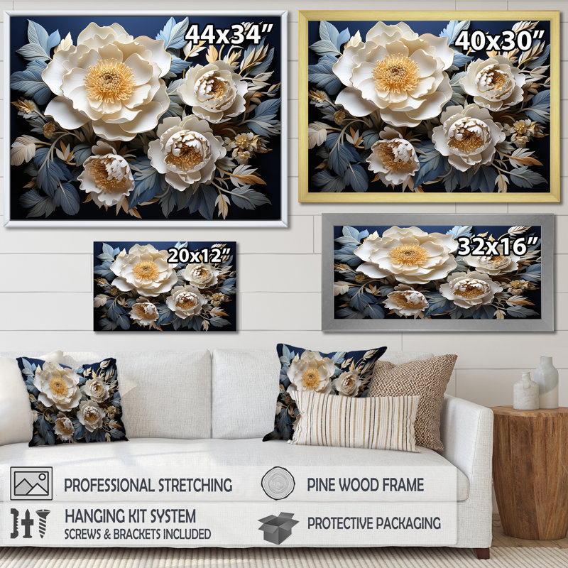 " Peonies Unveiled Blooms ", 30" H x 40" W x 1.5" D, Gold Floater Frame