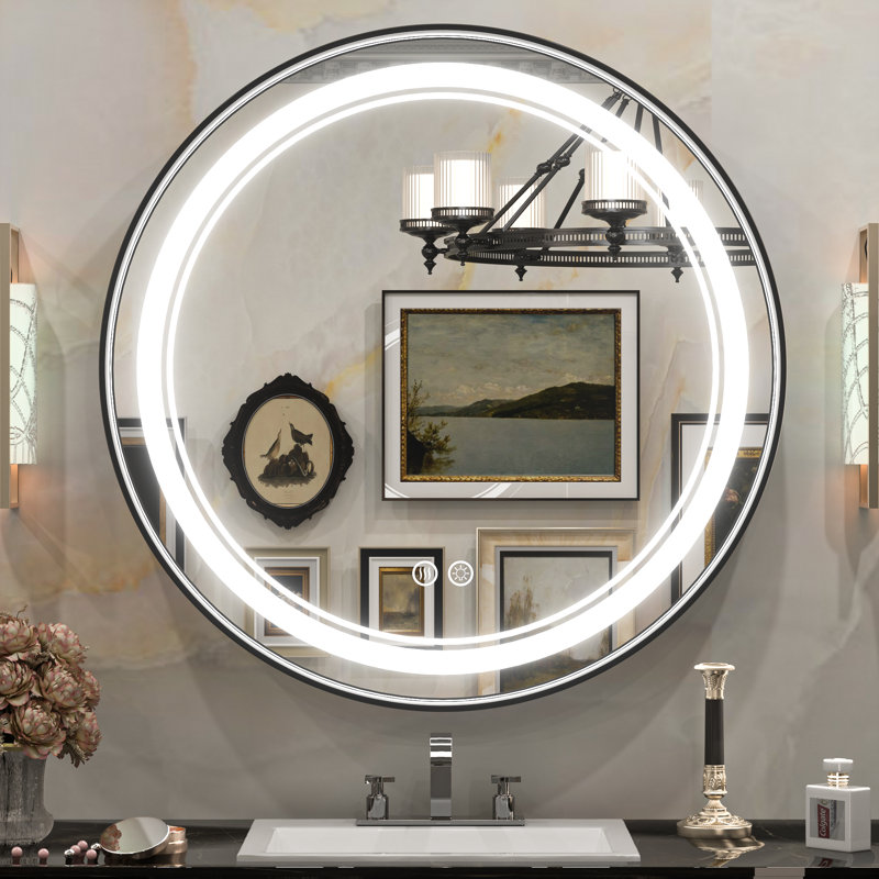 Miroir de salle de bain à DEL, Noir, 24 po x 24 po