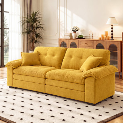 80" W Deep Seat Cloud Sofa, Modern 2 Seater Chenille Loveseat Couch, Fluffy Sink-In Sofa with Wide Armrests and 2 Throw Pillows(Yellow)