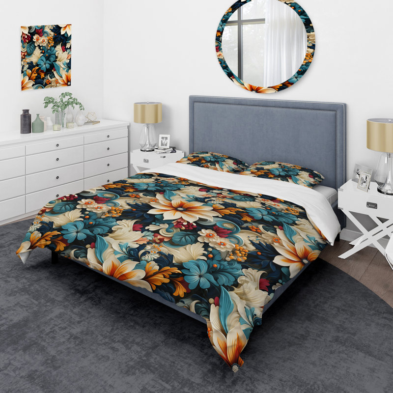 Ensemble de housse de couette bleu et beige, Housse de couette pour grand lit et 2 taies décor