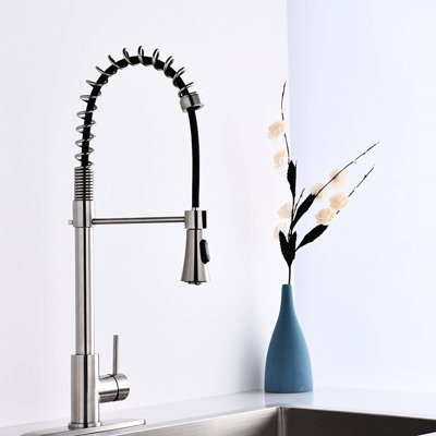 Stainless Steel Kitchen Faucet With Brushed Nickel Finish - Single Handle Spring High Arc, Pull Down , To Scratches & Rust In And Oxidation