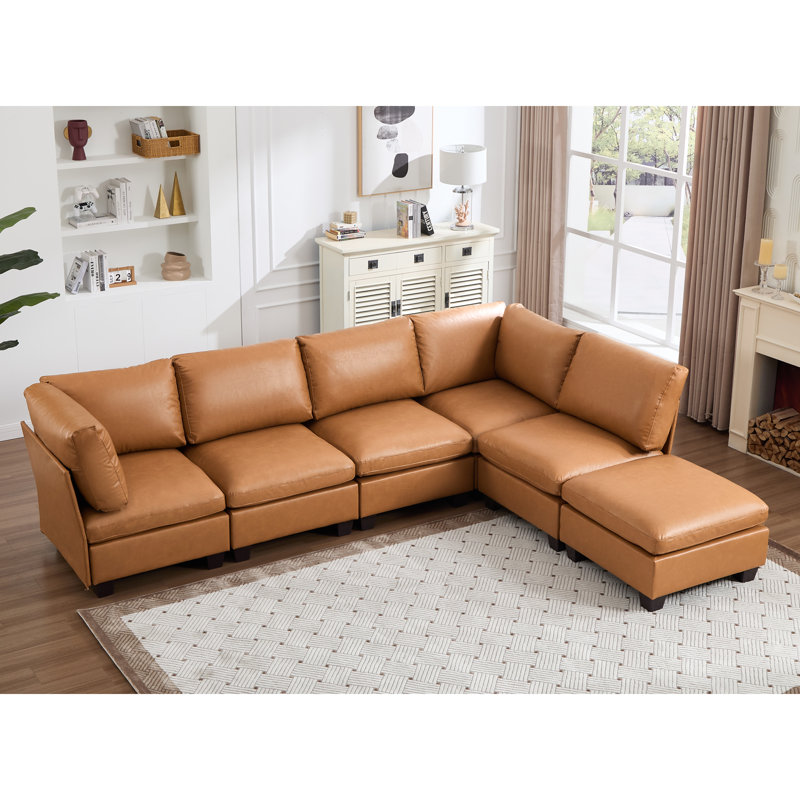 6-Pieces Faux Leather Sectional Sofa L-Shape With Ottoman