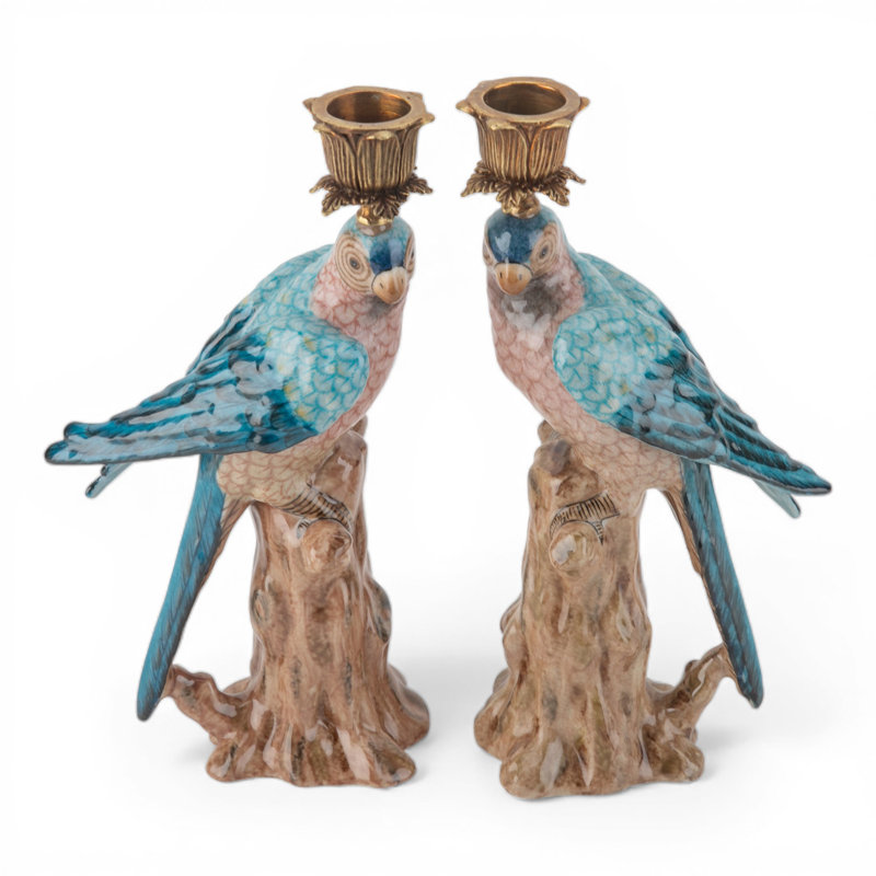 Porcelain Blue Parrot Candle Holder Pair with Bronze Ormolu