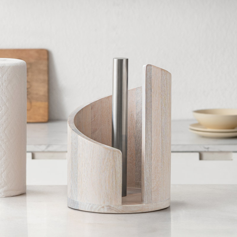 Wooden Paper Towel Holder with Top Load Space Design for Kitchen and Table Decor, Anti Skid Base, Eco Friendly Mango Wood & Metal Rod - Whitewash / Nickel