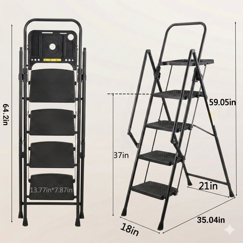 Tabouret échelle pliable en quatre étapes avec pédales larges antidérapantes, poignée antidérapante, pieds antidérapants, fabrication en acier robuste avec capacité de charge de 330 livres, idéal pour les environnements résidentiels et de bureau.