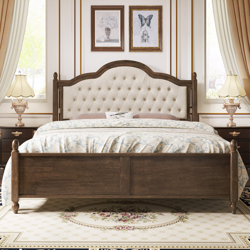 Solid Wood Bed Frame With Linen Upholstered Headboard, Wood Platform Bed With Wood Slats, No Box Spring Needed, Easy Assembly, Walnut