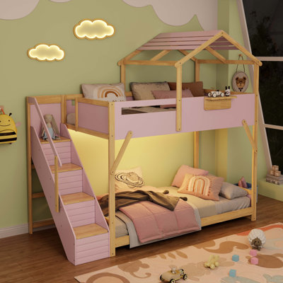 House Bunk Bed with Stairs and 3-Color LED Lights
