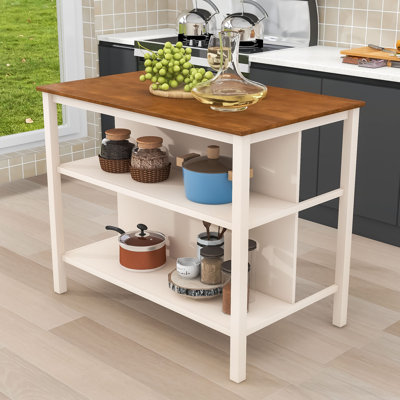 Doudy Farmhouse Solid Wood Kitchen Island with Spacious Tabletop and Open Shelves by 17 Stories