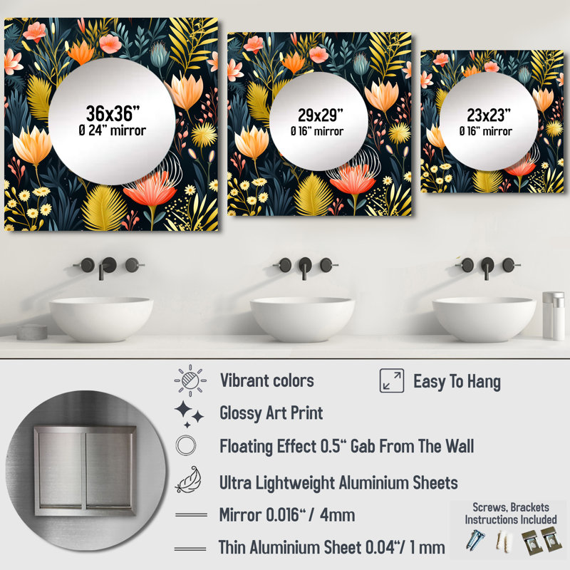Vibrant Coastal Botanics Coastal Motif - Grand miroir carré floral pour décoration murale, 29 po x 29 po