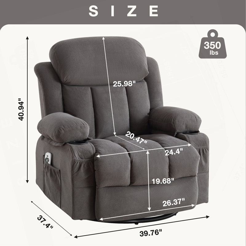 Canapé inclinable et chauffant, avec port USB et 2 porte-gobelets dans les poches latérales, Gris