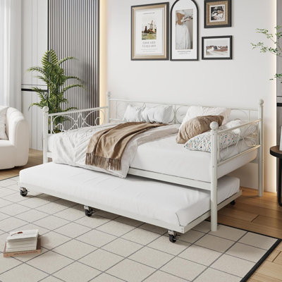 Twin Size White Metal Daybed With Trundle Bed Space Saving Design Floral Headboard Heavy Duty Steel Slats Modern Pull Out Sofa Bed For Guest Room Living Room