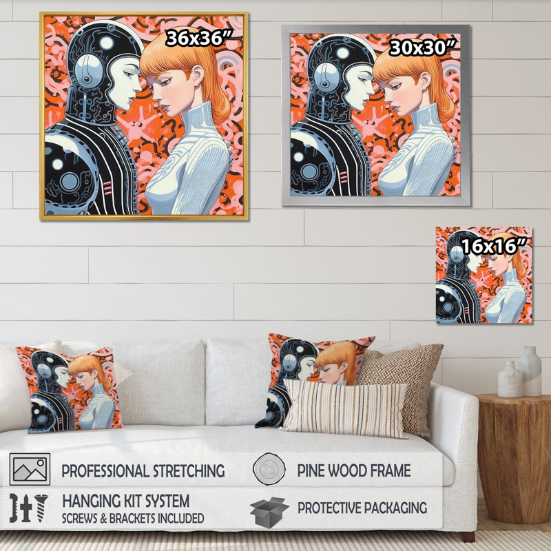 «Hot Robots in Love Retro Illustration I», reproduction sur toile, Cadre flottant brun, H 16 po x l 16 po x P 1 po