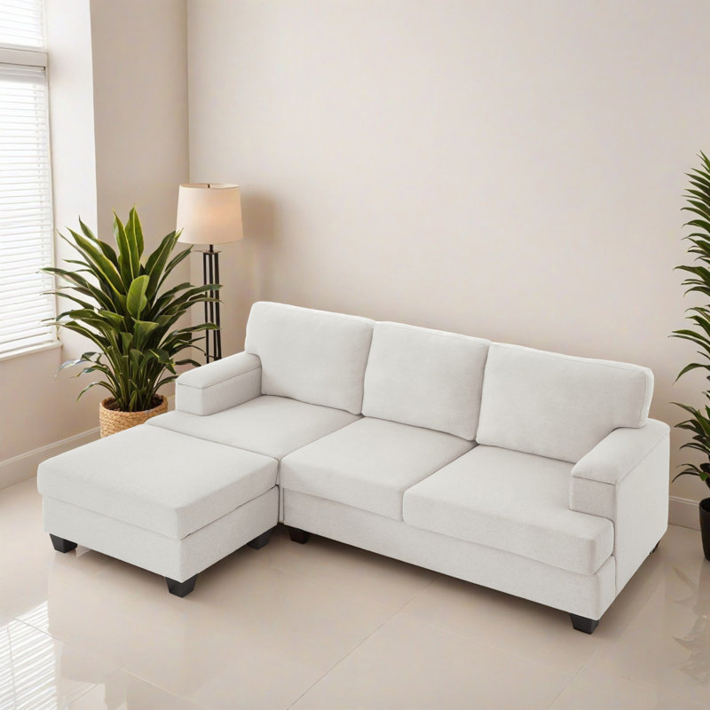 Reversible 85.84" L Shaped Sectional Sofa Couch with Ottoman, Comfy Sectional Sofa with Thick Cushion, Linen Sectional Couches for Living Room