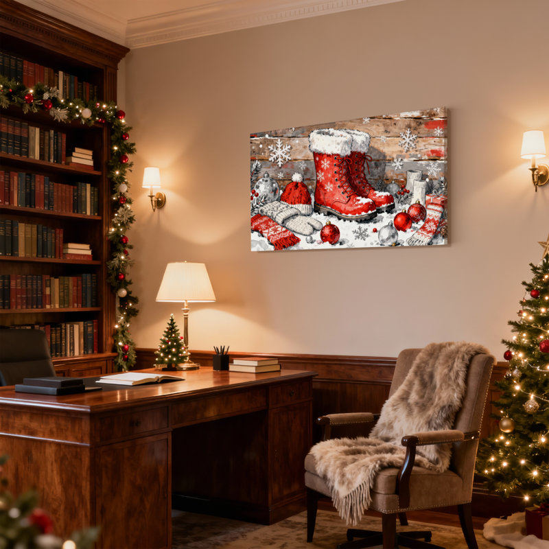 Bottes de Noël rouges, flocons de neige, mitaines, ornements, écharpe, chapeau, pommes de pin, ensemble de 3 impressions sur toile