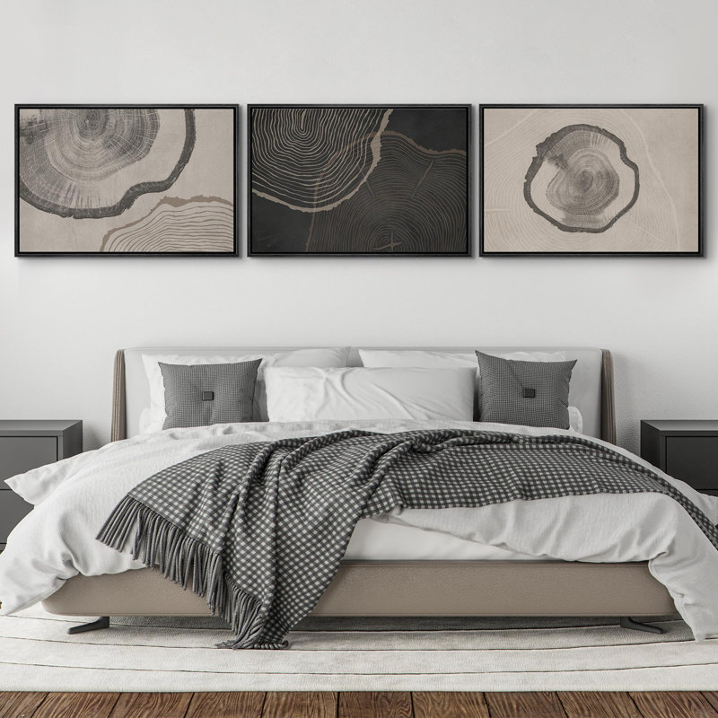 "Arbre en bois gris pastel avec spirales abstraites" - 3 pièces, H 24 po x l 36 po, Cadre noir