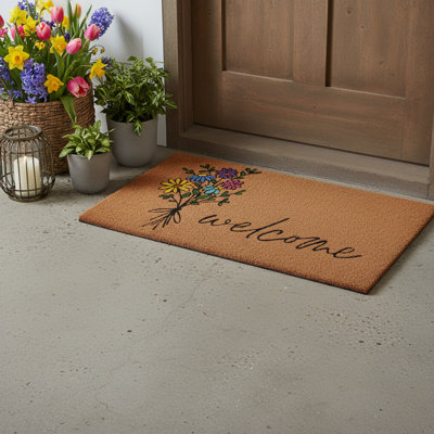 Paillasson 17 po x 29 po brun avec motif floral noir et vert Welcome