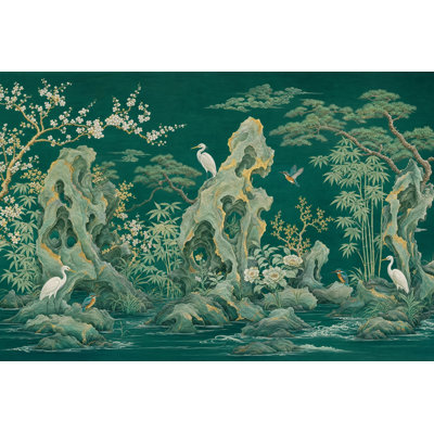 Papier peint sarcelle foncé avec décor oriental doré