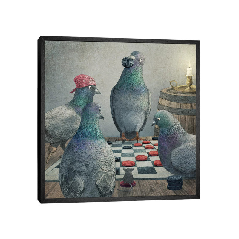Checker Playing Pigeons by Terry Fan - Print on Canvas, 66.04 cm H x 66.04 cm W, Black Framed