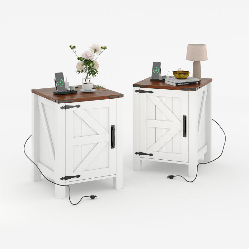Farmhouse Nightstand set of 2 with USB Charging Station, Rustic Bedside Table with Sliding Barn Door & Adjustable Shelf, 18 Inch Two-Tier End Table for Bedroom Living Room