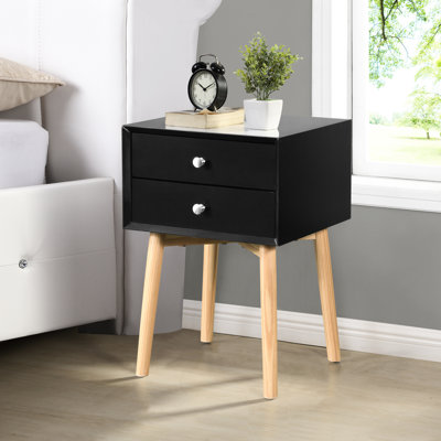 Armoire de salon Mid-Century moderne avec 2 tiroirs et pieds en bois d'hévéa, table de rangement noire