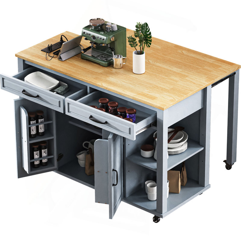 47 Inch Kitchen Island With Extendable Dining Table, Rubber Wood Veneer Kitchen Table With Internal Storage Rack, Power Outlet, Kitchen Island With Storage 2 Drawers 2 Cabinet