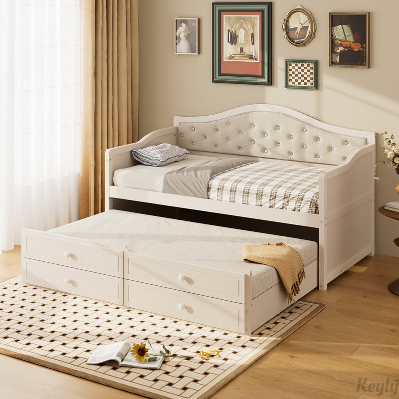 Wooden Daybed with Trundle and Storage Drawers, Beige