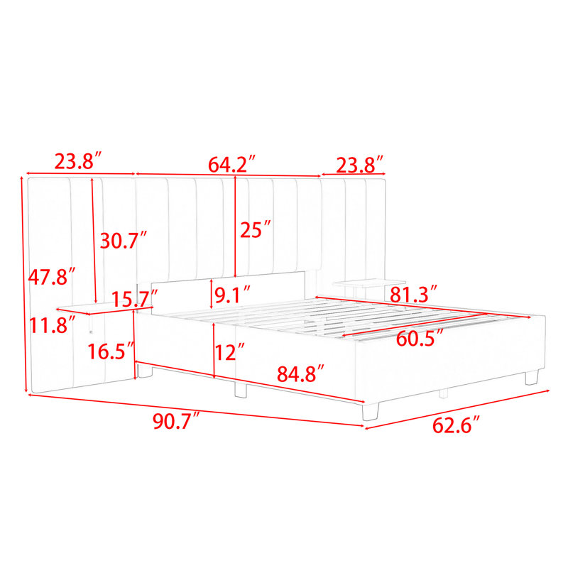 Lit plateforme tapissier avec tête de lit et tablettes Peg, Grand, Beige