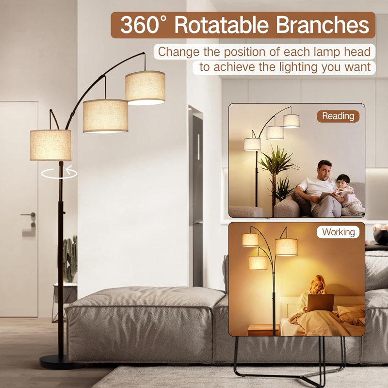 Inch Modern Arched Floor Lamp, 3 Adjustable LED Light Arms, 2400Lm Bright, For Bedroom/Living Room/Office
